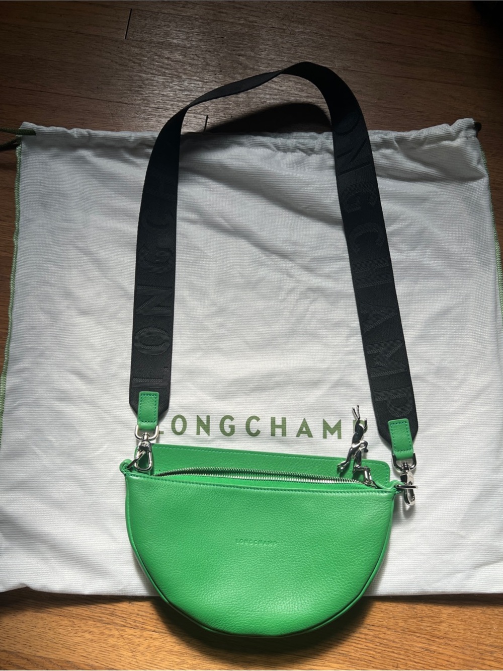 Longchamp Green Leather Crescent Mini Crossbody with Black Strap